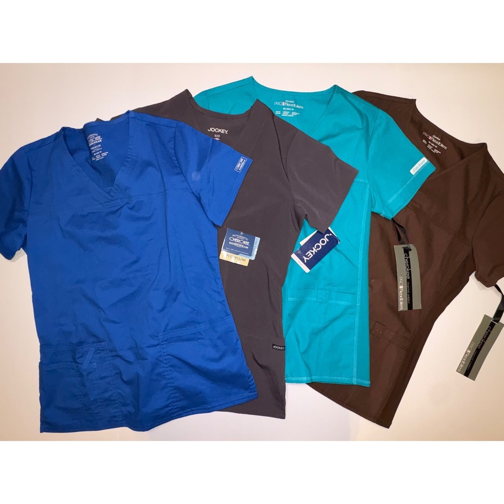 Cherokee‎ & Jockey Fit V Neck Scrub Top XS Teal & Brown & Grey & Blue